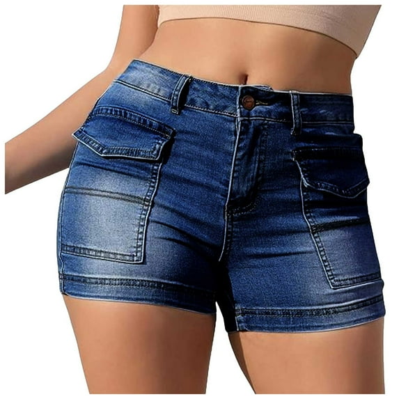 Gubotare Plus Size Jean Shorts for Women Women High Waisted Skinny Stretchy Denim Shorts Casual Summer Frayed Raw Hem Distressed Ripped Short Jeans (Dark Blue,Size S)