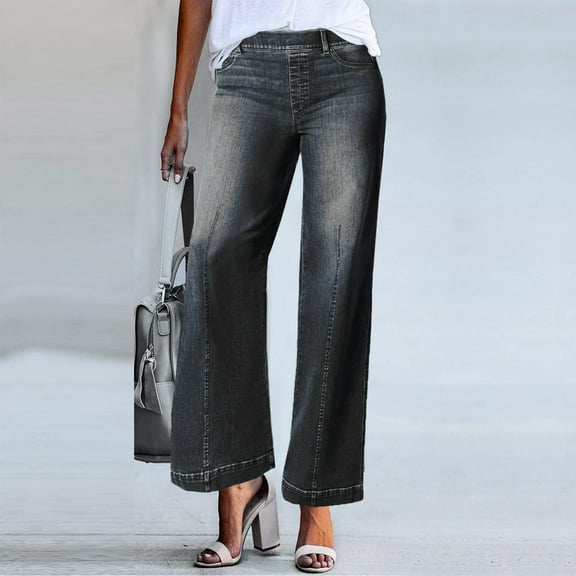 Gubotare Plus Size Jeans for Women Stretchy High Waisted Ripped Flare Jeans for Women Seamed Front Raw Hem Denim Capri Pants Stretchy (Black,S)