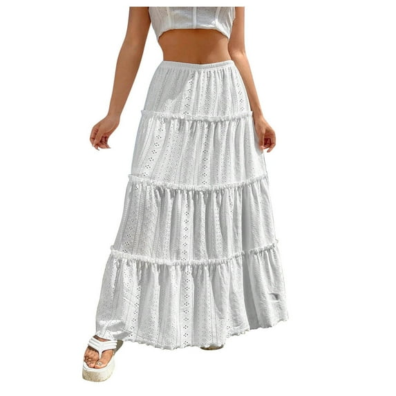 Gubotare Plus Size Skirt Women's 2024 Summer Fall High Waist Maxi Skirt Casual Flowy Swing Pleated A Line (White,XL)