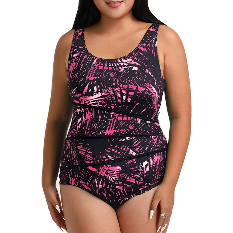 Gubotare Plus Size Swimsuit For Women Women s One Piece Swimsuit Color Block Keyhole Cutout Bathing Suit Pink XXL