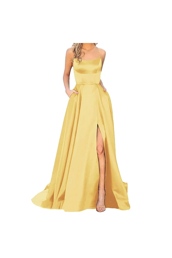 Prom Dresses Long Spaghetti Straps Formal Dresses Evening Gowns for Women (Yellow,XL)