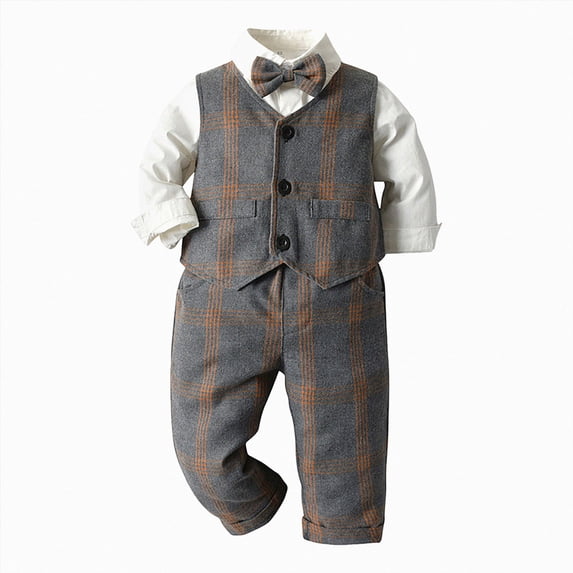 Gubotare Puremlik Boys' 4-Piece Gentleman Outfits Set with Dress Shirt Bow Tie Vest and Pants for Toddler (Khaki, 90)