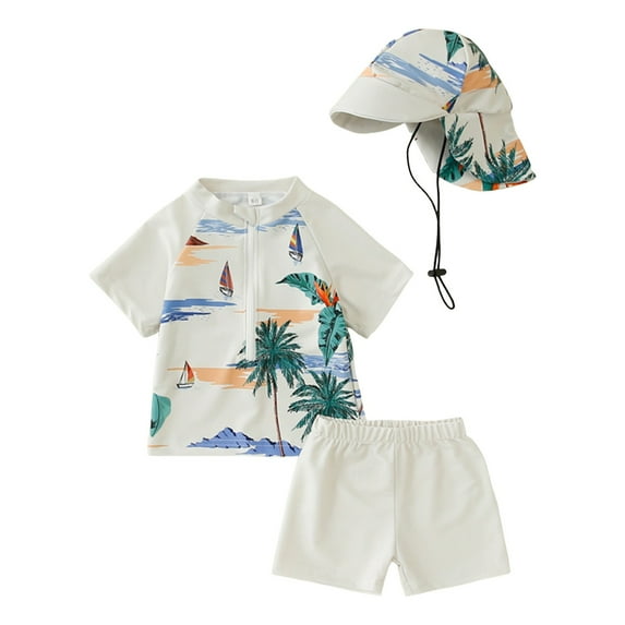 Gubotare Rashguard Swimsuit Baby Toddler Boys UPF 50+ Rashguard Set Swimsuit with Sun Hat Bathing Suit Swimwear for Beach Pool Sun Protection Size 3-7 Years (Beige,6-12 Months)