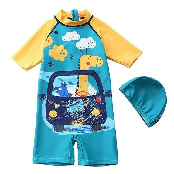 Gubotare Rashguard Swimsuit Boys Baby Boys'Swimsuit Zip UPF 50+ Sun Protection Swimwear with Hat 6T 7T (Blue,6-7 Years)