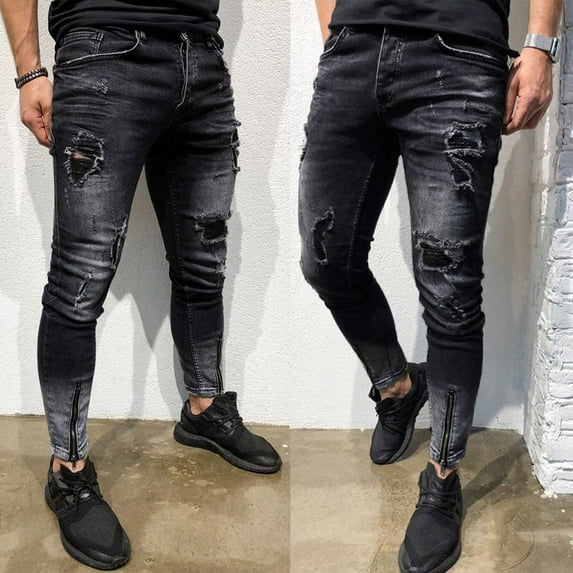Gubotare Ripped Jeans Men Men's Designer Straight Slim Fit Patchwork Jeans Comfort Skinny Biker Denim Pants,Black L