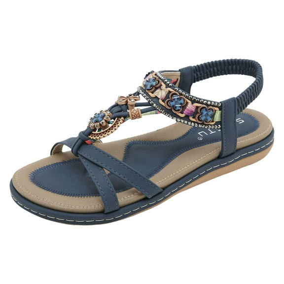 Gubotare Sandals Women Womens Sandals Dressy Summer Comfortable Bohemian Flats Elastic Ankle Strap Walking Beach Shoes (Blue,Size 9)