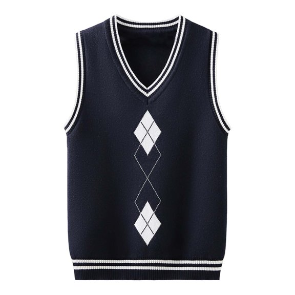 Gubotare School Uniform for Boys Boys Girls V Neck Cable Knit Sweater Vest Striped Trim School Uniform Vests Size 13-15 (Navy,13-15 Years)