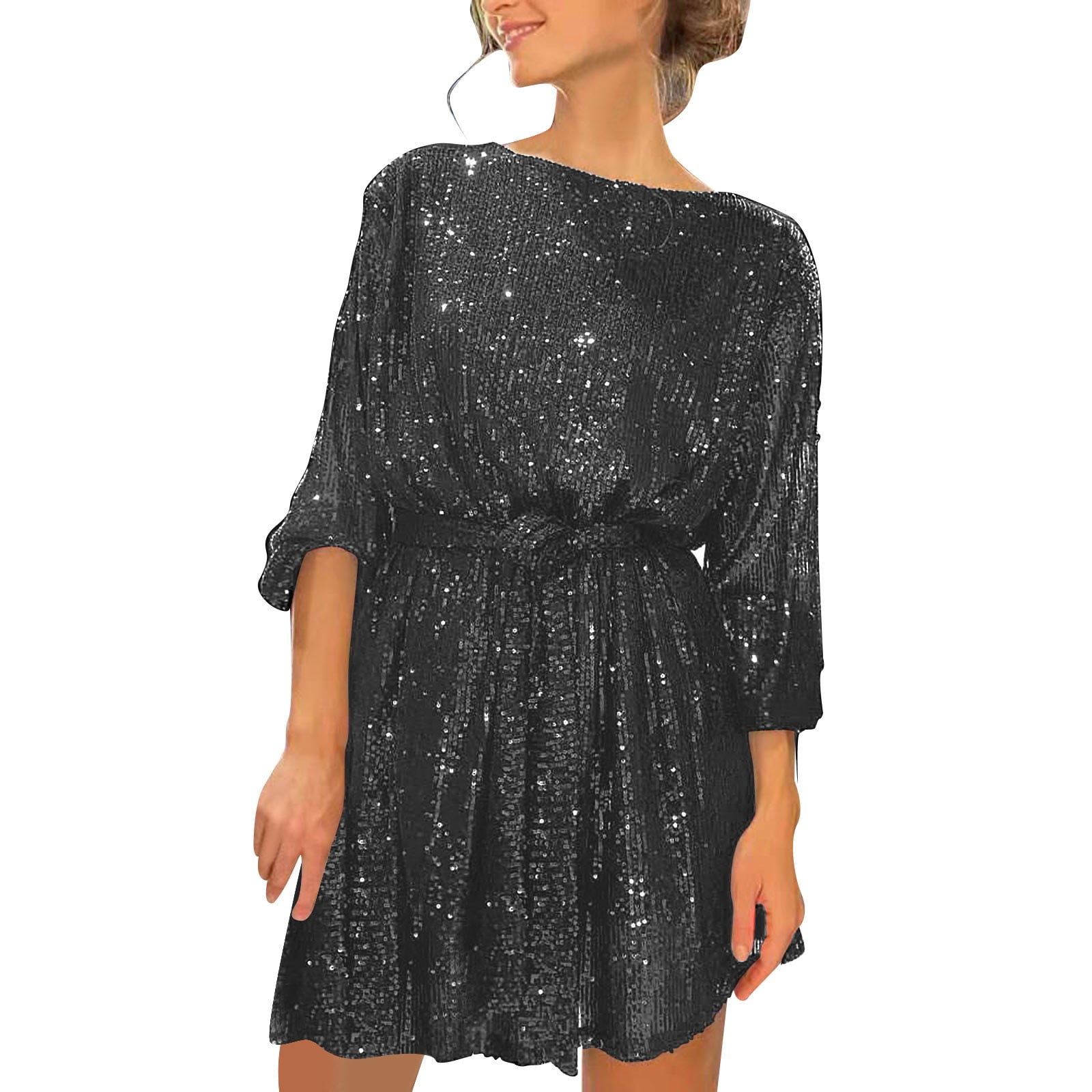 Gubotare Sequin Dress for Women Long Sleeve Crewneck Evening Dresses Silver  Sparkly Mini Short Dress Party Prom formal Dress,Black S - Walmart.com