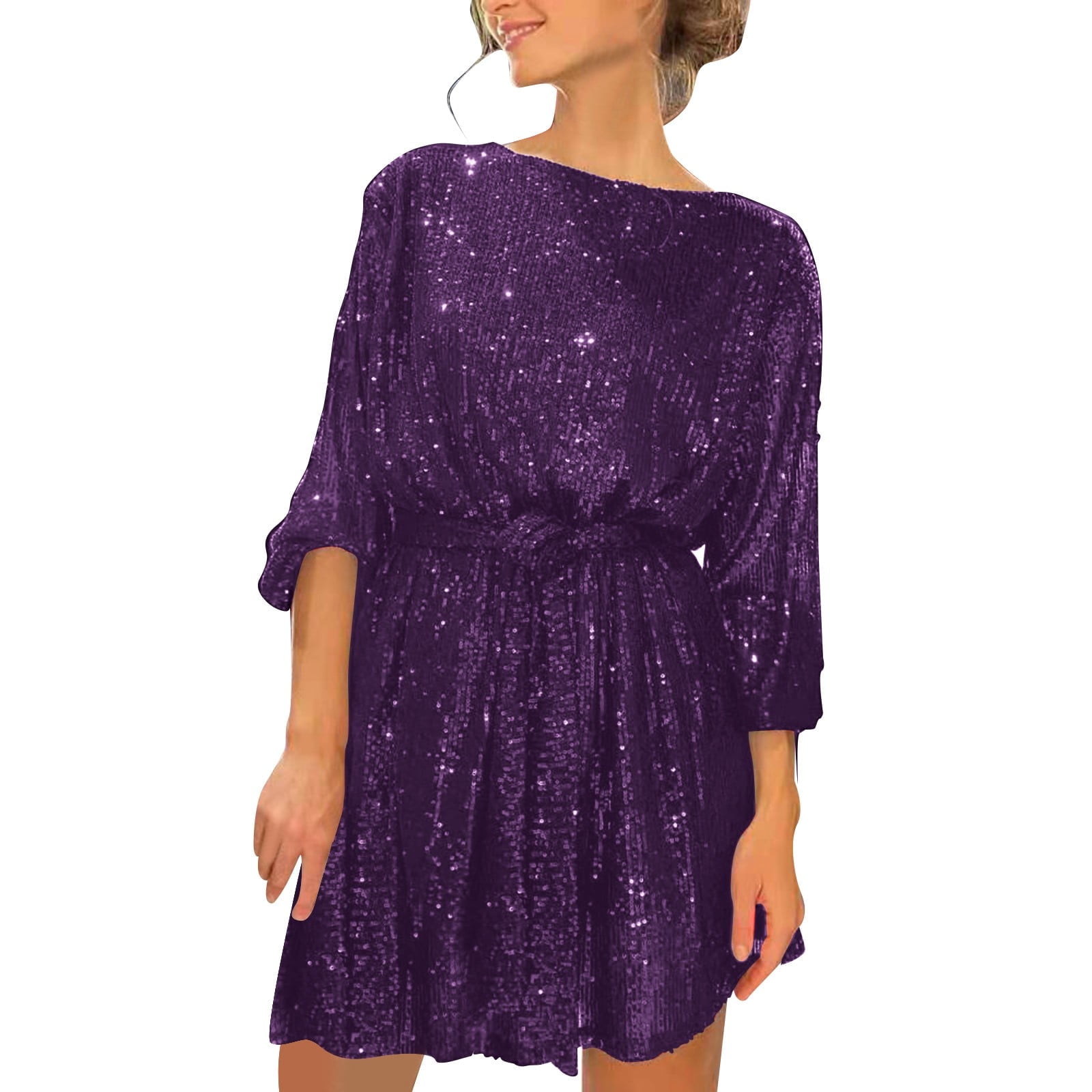 Gubotare Sequin Dress for Women Long Sleeve Crewneck Evening Dresses Silver Sparkly Mini Short Dress Party Prom Formal Dress,Purple M