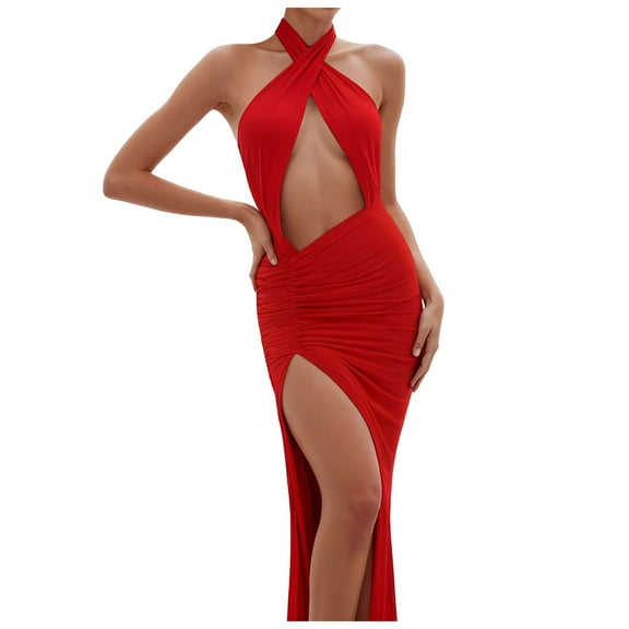 Gubotare Sexy Dresses for Women Women's Sleeveless Cutout Twist Front Side Slit Ribbed Knit Party Bodycon Midi Dresses (Red,Size M)