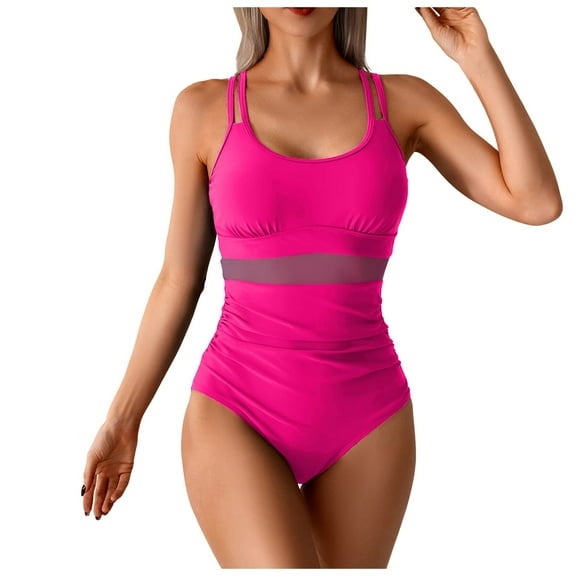 Gubotare Sexy One Piece Swimsuit for Women Women's Tummy Control Swimsuits Ruched One Piece Bathing Suit Deep V Neck Swimsuit (Pink,XL)