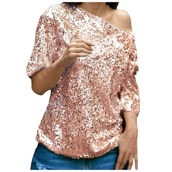 Gubotare Shimmer Tops for Women Women's Sparkle Sequins Off Shoulder Tank Top Blouse Casual Glitter Sequined T-Shirt Tops,Pink L