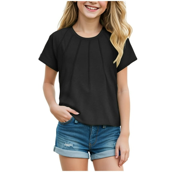 Gubotare Shirts for Girls Trendy Summer Girls Shirt Crop Tops Short Sleeve Summer Drop Shoulder Sleeve Crewneck Loose T Shirt Tee Size 13T 14T (Black,13-14 Years)