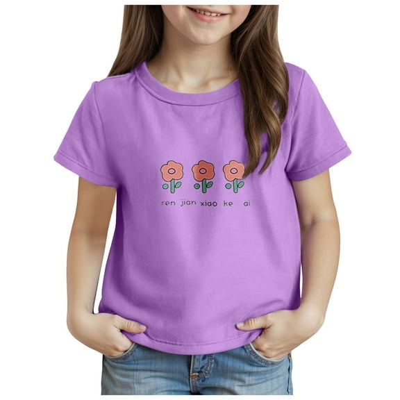 Gubotare Shirts for Girls Girls Casual Short Sleeve T Shirt Cute Print Summer Blouse for Girls (Purple,Size 6-7 Years)