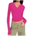 thumbnail image 1 of Gubotare Shirts for Women 3/4 Sleeve V Neck Rib Knit Slim Basic Tees Tops 2025 Fall Casual Tshirts Going Out Workout Outfits (Hot Pink,S), 1 of 5