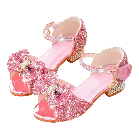 Gubotare Shoes Kids Girls High Heels Girls Low Heeled Dress Shoes Bows Low Heel Princess Flower Wedding Party for Toddler Girls (Pink,Big Kids 4)