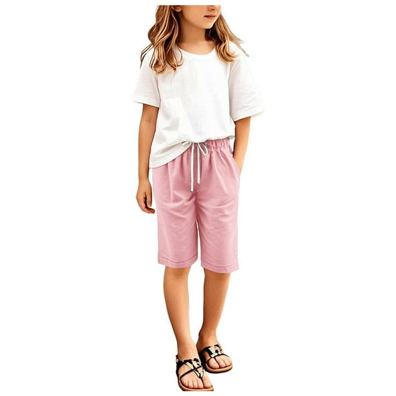 Gubotare Shorts for Girls Summer Casual Knee Length Bermuda Shorts Kids High Waisted Drawstring Short Pants Teen Girls Clothes (Pink,Size 3-4 Years)