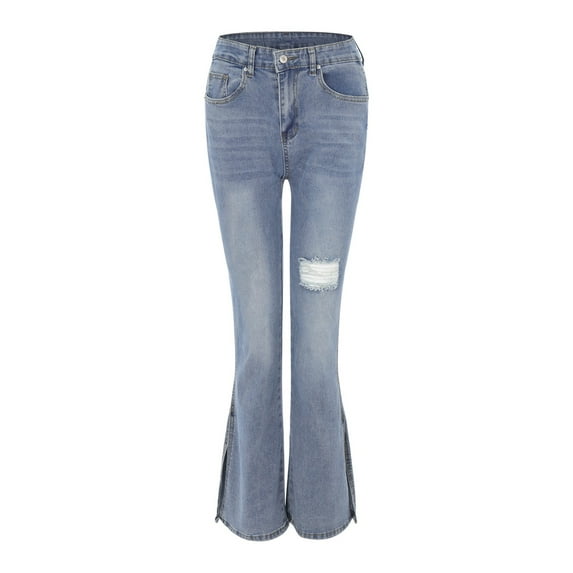 Gubotare Straight Leg Jeans For Women Women Pull-on Distressed Denim Joggers Elastic Waist Stretch Pants,Blue S