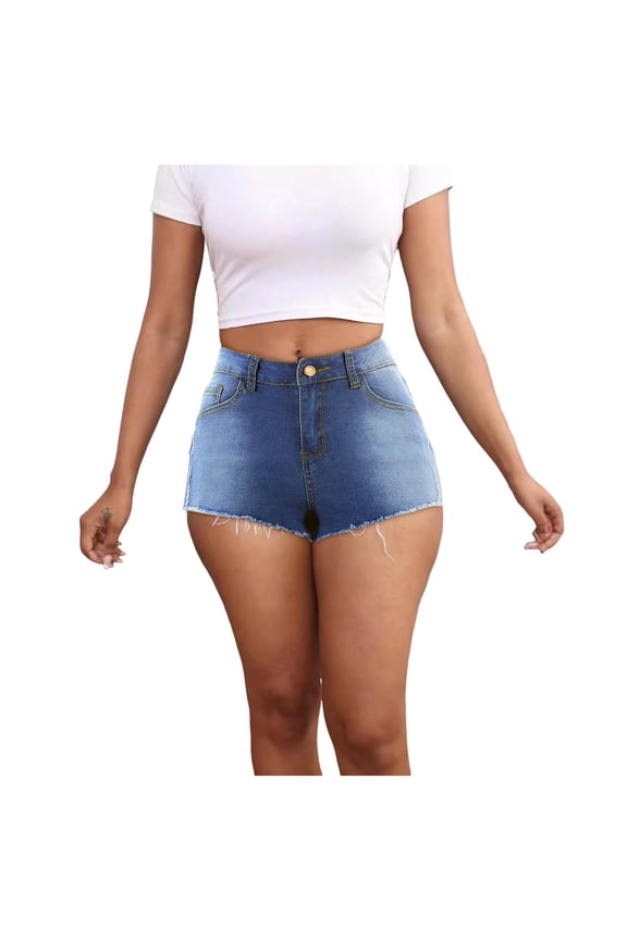 Stretch Denim Shorts Women Women's Denim Shorts Star Distressed Trim Straight Leg High Waist Jean Shorts (Light Blue,Size L)
