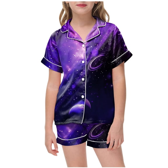 Gubotare Summer Girl Pajamas Big Girls Tie Dye Pajamas Tee & Shorts 2-Piece Clothes Set Cute Jammies,Purple 4-5 Years