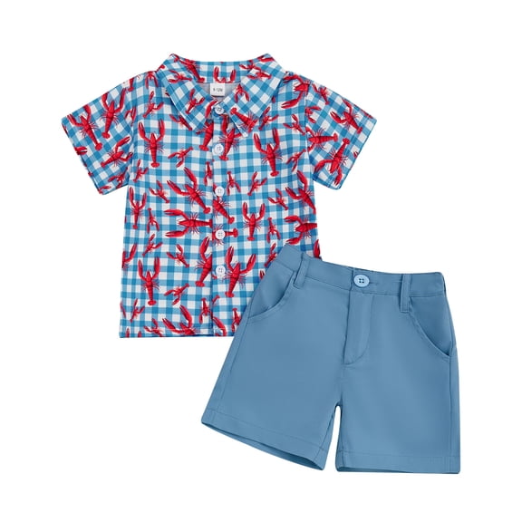 Gubotare Summer Outfits for Boys Baby Boy Summer Clothes Daddys/Mamas Boy Matching Outfit Short Sleeve Embroidery Button Down Shirt Plaid Toddler Shorts Set (Blue,Size 2-3 Years)