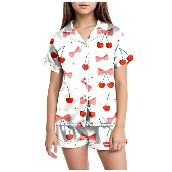 Gubotare Summer Pajamas for Girls Girls'Summer 2Pcs Sleepwear Sets Striped Short Sleeve Tops and Shorts Pjs for Kids Pajamas ( Red,Size 8-9 Years)
