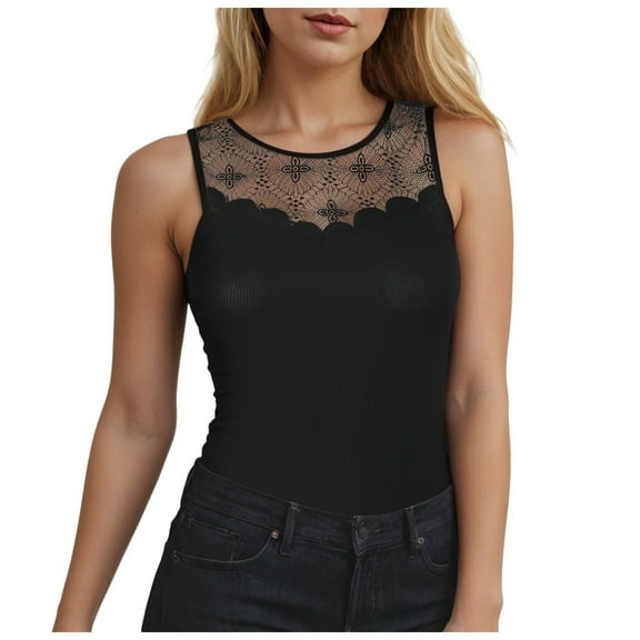 Gubotare Summer Tank Tops for Women Slim Fit Pleated Tunics Scoop Neck Sleeveless Lace Tops (Black,Size L)