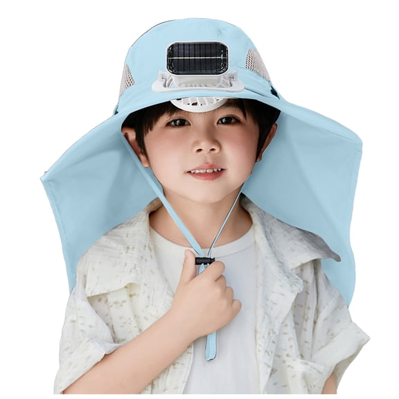 Gubotare Sun Hats for Kids Wide Brim Solar Fan Hat for Kids, Sun Hat with Solar Fan for Children Outdoor, Hats with 1 Solars Power Fans (Blue,Size 4-10 Years)