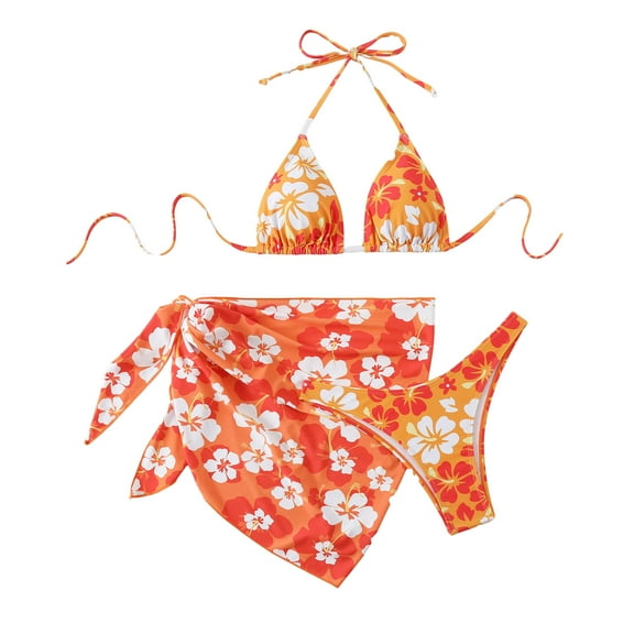 Gubotare Swim Suits for Women 2025 Women's 3 Piece Textured High Cut Halter Triangle Bikini Swimsuit with Cover Up (Orange,XL)