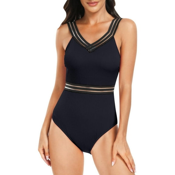 Gubotare Swim Suits for Women Womens Mesh Tummy Control Swimsuits One Piece Modest Bathing Suit Metal Ruched Swim Suits 2025 (Black,XL)