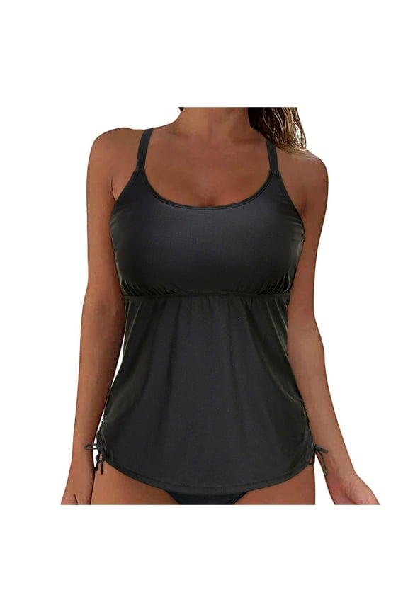 Swim Tops Women Top Only Women's Tankini Top Tie-Side Drawstrings Bathing Suit Top Ribbed Fabric Tummy Control Sporty Swimsuit Top (Black,XXL)