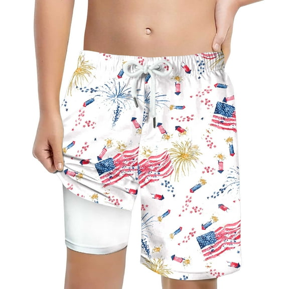 Gubotare Swim Trunks for Boy with Compression Liner American Flag Printed Drawstring Elastic Waisted Shorts Quick Drying Shorts 5-14 Years (Red,Size 10-13 Years)