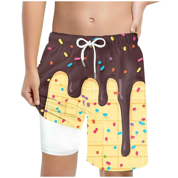 Gubotare Swim Trunks Boys Ice Cream Shorts Baseball Boys Summer Cute Preppy Boy Swim Trunks Toddler Beach Board Shorts with Pockets (Coffee,Size 10-13 Years)