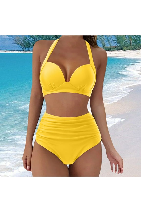 Swimming Suits For Women Women's Leafy Wrap Tie Bikini Set Halter Back Bow Low Waisted Bathing Suit,Yellow M