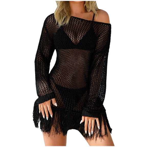 Gubotare Swimsuit Coverup for Women Crochet Swim Cover Up Bathing Suit Cover up for Women Mesh Knit Beach Cover up (Black,XL)