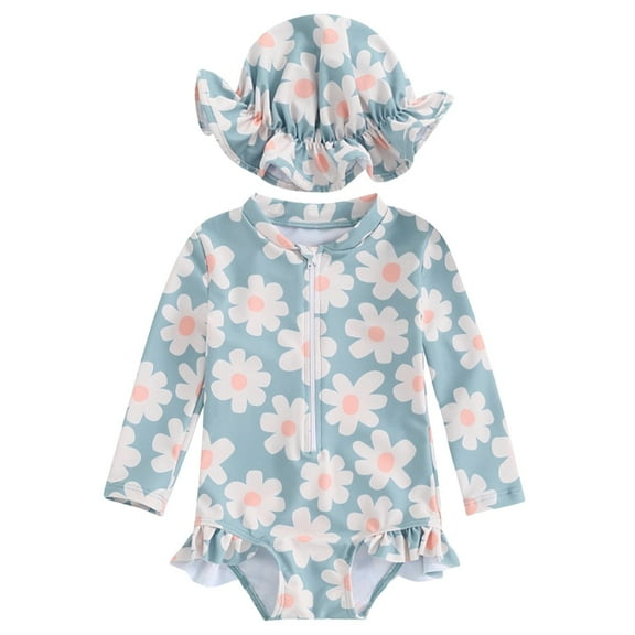 Gubotare Swimsuit Girls Girls Rash Guard Long Sleeve One Piece Swimsuits Stripes Zipper Bathing Suits UPF 50+/Sun Protection Size 2-3T (Blue,2-3 Years)