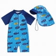 thumbnail image 1 of Gubotare Swimsuit Toddler Baby Boys Short Sleeve One Piece Rash Guard Swimsuit Zipper Bathing Suit Swimwear with Hat 5t 6t (Blue,5-6 Years), 1 of 7