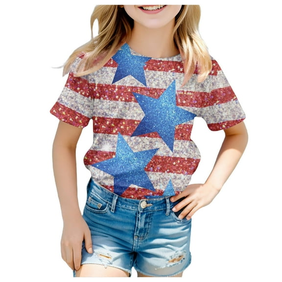 Gubotare T Shirts for Kids Toddler Girls July 4th Shirts American Flag Ruffle Short Sleeve Patriotic Red White Blue Star Outfits Blouse Tops 4T 5T,Silver 4-5 Years