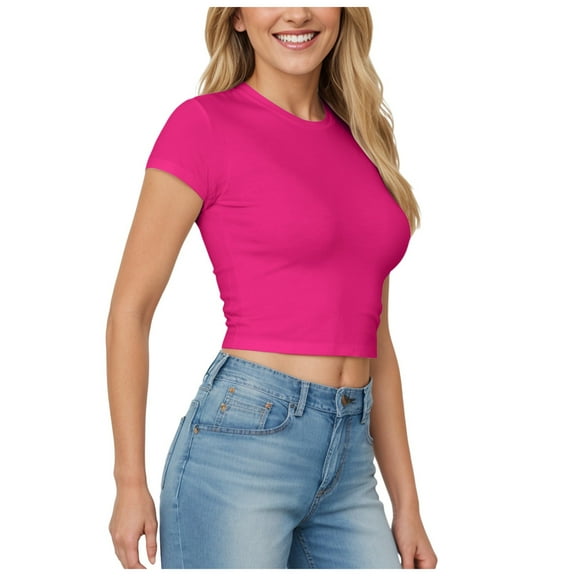 Gubotare T Shirts for Women Women 2025 Summer Crew Neck Short Sleeve Tops Ribbed Knit Slim Fit Fashion Basic Tee Shirts Casual Going Out Top (Hot Pink,Size S)