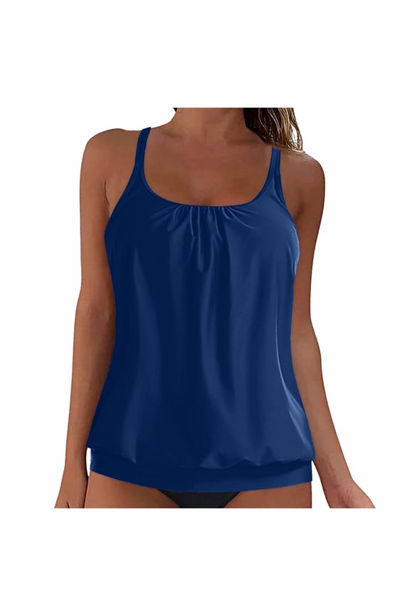 Tankini Tops for Women Tankini Tops for Women 2025 Scoop Neck Backless Bathing Suit Top Only Cut Out Thin Shoulder Strap Swimsuit Swim (Dark Blue,XXXXL)