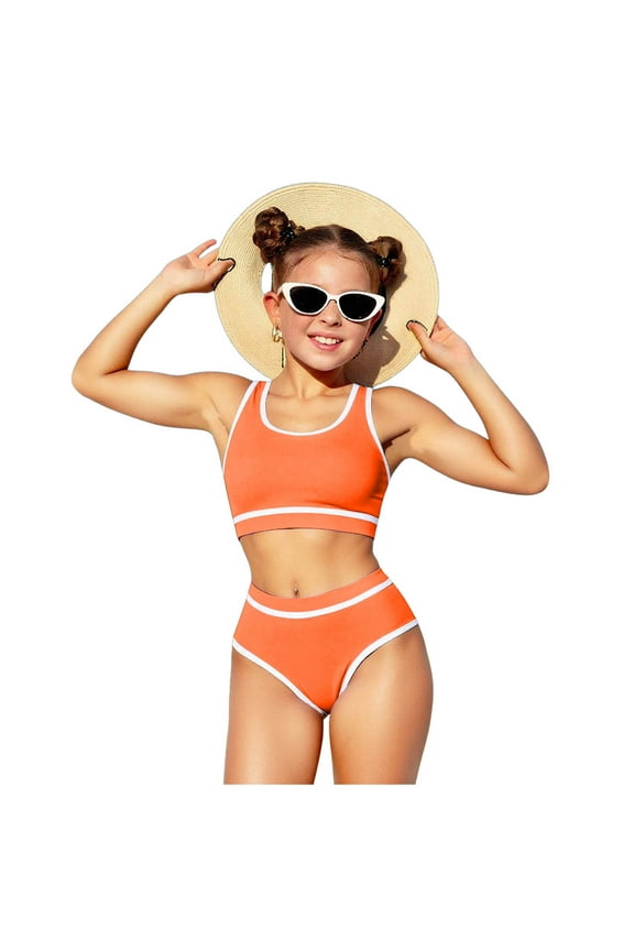 Teen Bathing Suits Girls Swimsuit Double Strap High Waist Sporty Bikini Swimsuits 2 Piece Set 11-16 Years (Orange,11-12 Years)