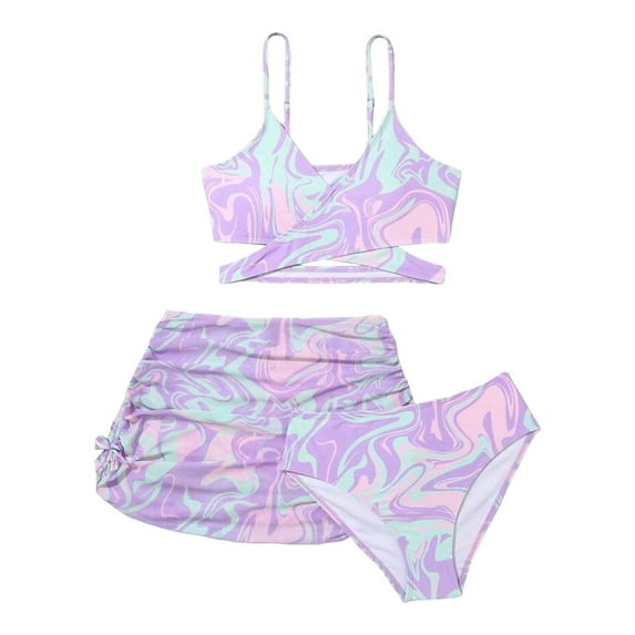 Gubotare Teen Bathing Suits Girls Swimsuits 3 Piece Bathing Suit Allover Printed Criss Cross Bikini Set with Cover Up Skirt Beach Swimwear (Multicolour,Size 10-11 Years)