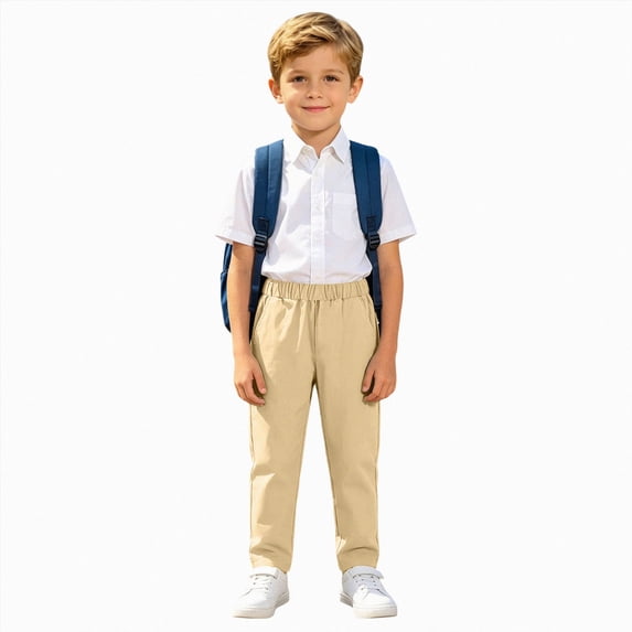 Gubotare Teen Boy Dress Pants Boys Dress Pants Flat Front School Uniform Straight Leg Adjustable Waistband for Toddler with Pockets Teen Boys Trousers Size 8-9 (Beige,8-9 Years)