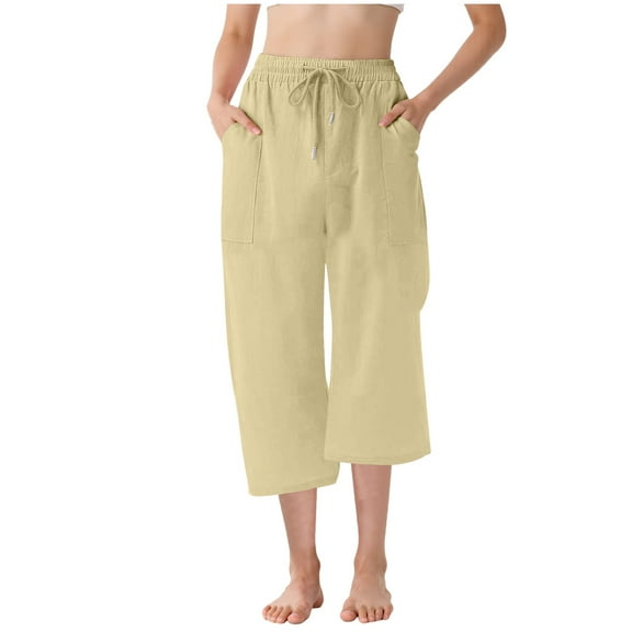Gubotare Teen Girls Capris Pants Summer Loose Comfy Cotton Linen Straight Wide Leg Drawstring Elastic Waist Solid Cropped Pant (Beige,Size 13-14 Years)