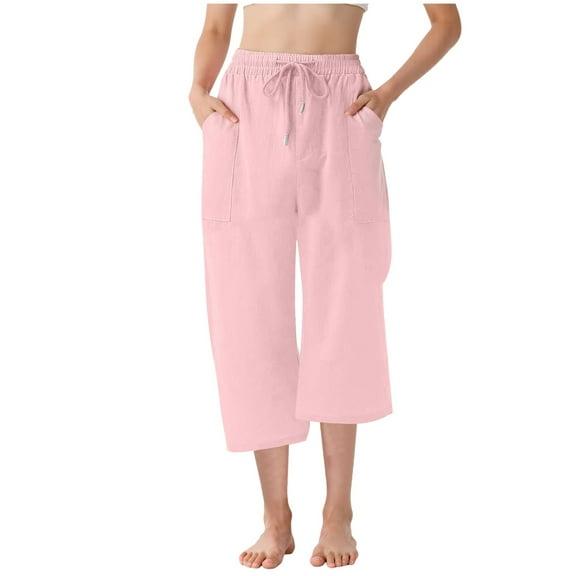 Gubotare Teen Girls Capris Pants Summer Loose Comfy Cotton Linen Straight Wide Leg Drawstring Elastic Waist Solid Cropped Pant (Pink,Size 10-11 Years)