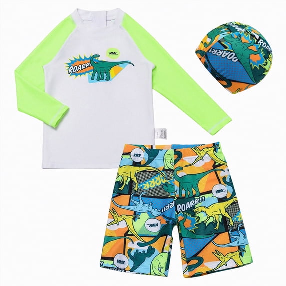 Gubotare Teen Swimsuit Boy Kid Boys Swim Set 2 Piece Long Sleeve Swim Shirt Graphic Tees & Board Shorts Teen Boys Swimsuit Size 13-14 Years (Green,13-14 Years)