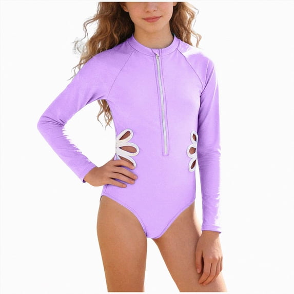 Gubotare Teen Swimsuit Girls Swimsuits - One Piece Bathing Suit, Long Sleeve Zipper UPF 50+, Quick Dry Beach Swimwear for Kid Size 13-14 (Purple,13-14 Years)