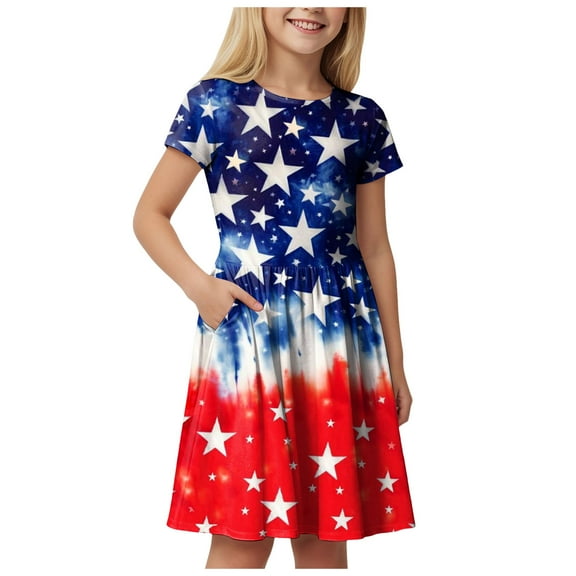 Gubotare Toddler 4th of July Dress Girls Short Sleeve Skater Dress Soft Cute Designs Spring Summer (Red,Size 5-6 Years)