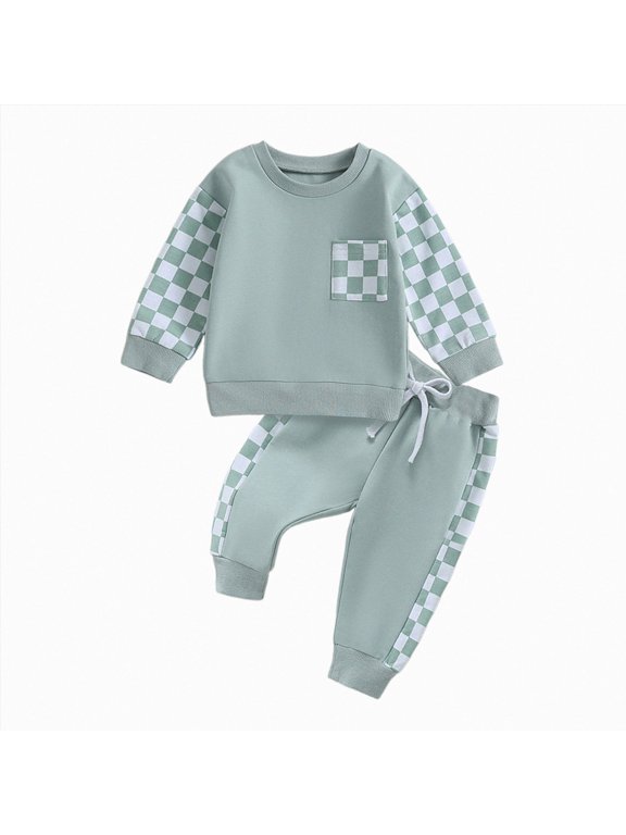 Toddler Baby Boy Girl Clothes Checkered Color Block Long Sleeve Sweatshirt with Pants Set 2Pcs Fall Winter Outfits Green,Size 2-3 Years