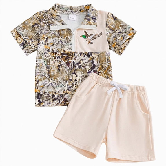 Gubotare Toddler Baby Boy Hunting Outfit Duck Half Zip Short Sleeve T Shirt Shorts Set Camouflage Cute Infant Summer Clothes Beige,Size 6-12 Months